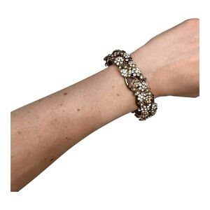 Gold Tone VTG Bracelet Hinged Bangle Cuff Metal Floral Sparkle Rhinestone